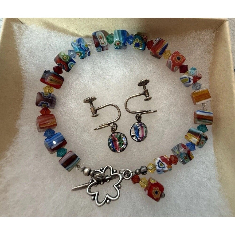 Vtg Sterling Silver Set Rainbow Mystic Topaz Earrings, Millefiori Glass Bracelet
